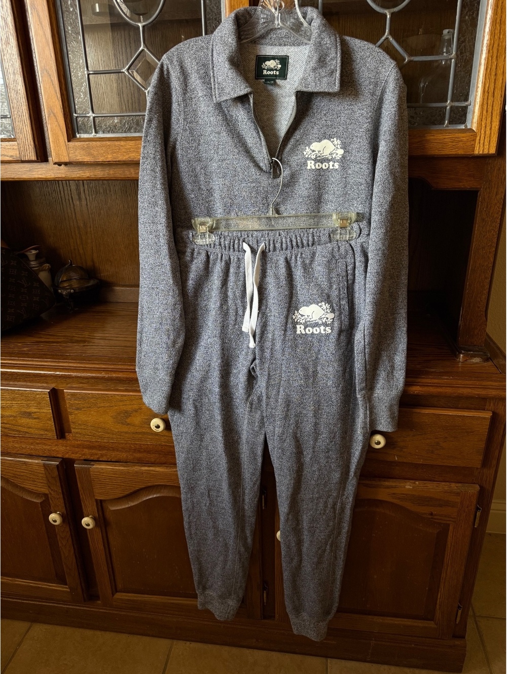 Roots Gray Heather Fleece Quarter Zip + Joggers Set Size XS
